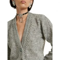 Alessandra Rich Cardigan With Crystal Buttons Gray -dame-cardigans Butikk unnamed file 3965